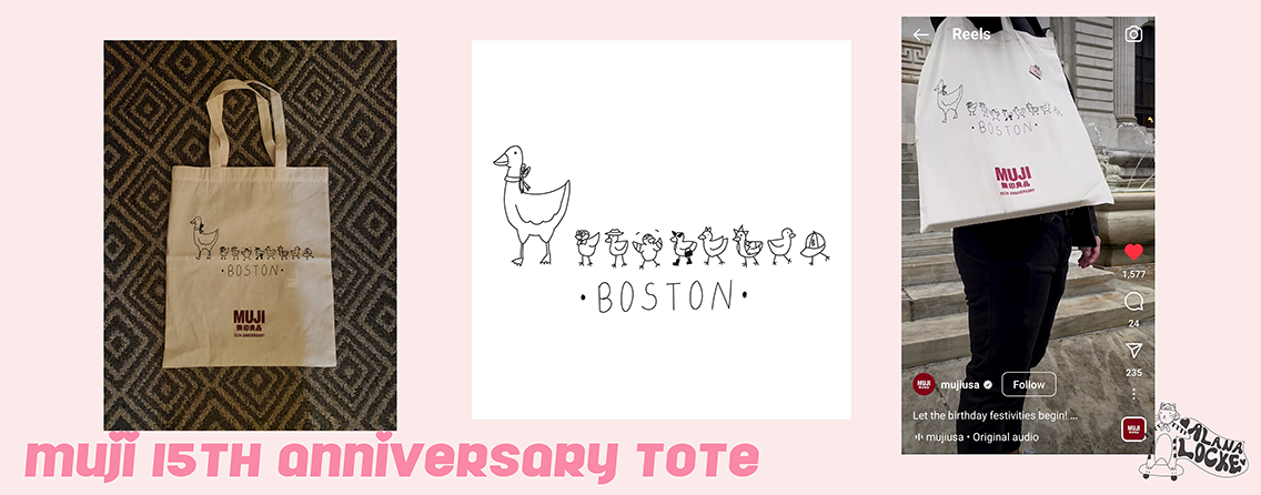 Tote bag graphic on a tote bag, the original Illustrator file, and a MUJI social media post